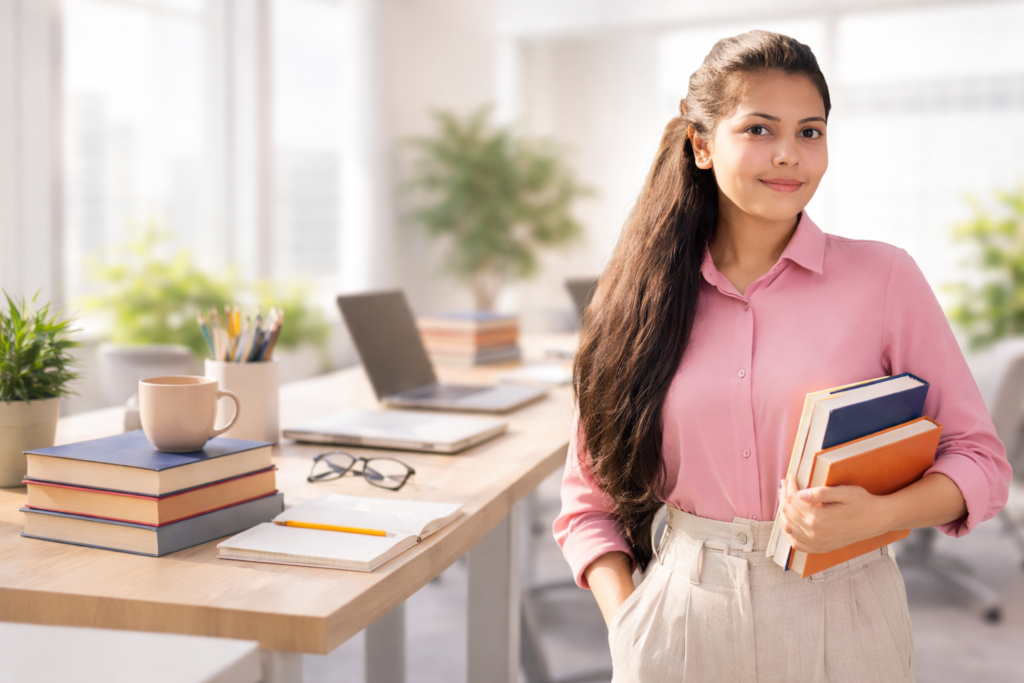 smiling woman with books in modern office.png